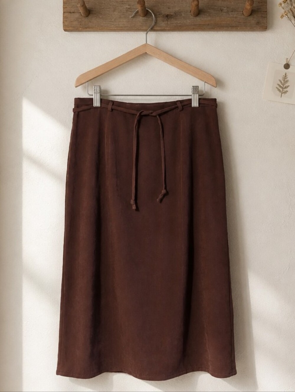 Vintage Talbots Classic Midi Skirt Brown Faux Suede Velour 16 A Line Tie Belt